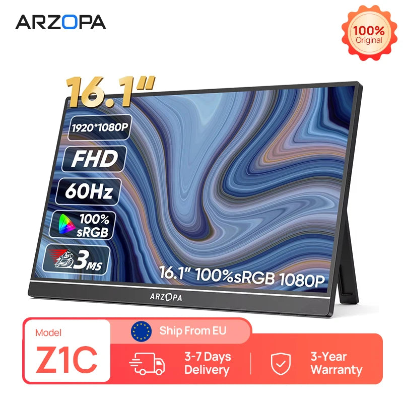 ARZOPA 16.1'' 100% SRGB 1080P FHD Portable Monitor IPS Screen Second Monitor External Display Z1C