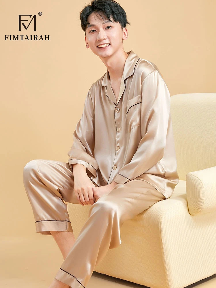 Fimtairah Real 19MM 100% Mulberry Silk Pajamas Men's Autumn  Hangzhou Solid Color heavy Silk Home Wear Men's