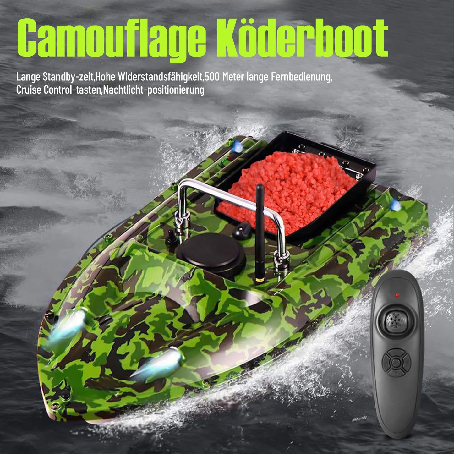 RC Fiskebåt med Fjärrkontroll 500m – Dubbelmotorer, LED, 1,5kg Last, 2–3h Batteritid, Grön