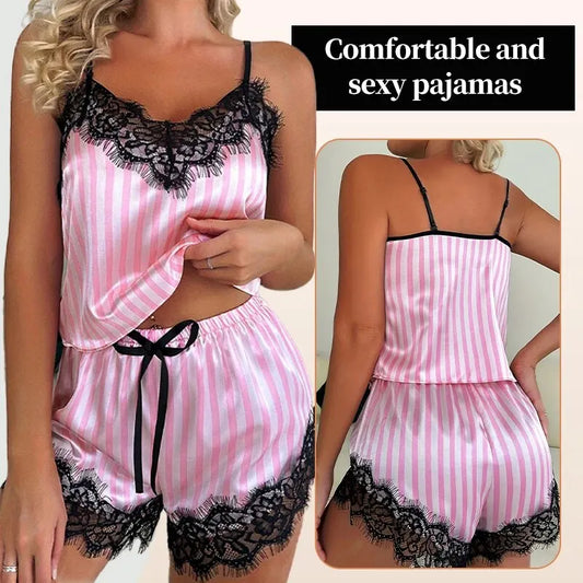 Dam Pyjamas Set – V-ringat Spetslinne & Shorts, Sexigt & Bekämt, Rosa M–L