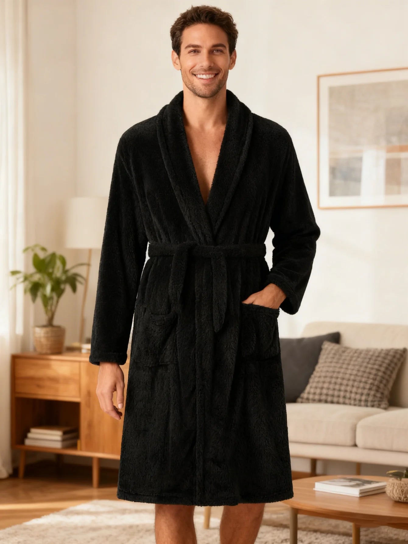 Men's soft home, outdoor sun drying, long sleeved nightgown, polyester fiber, convenient after bathing, adjustable nightgown