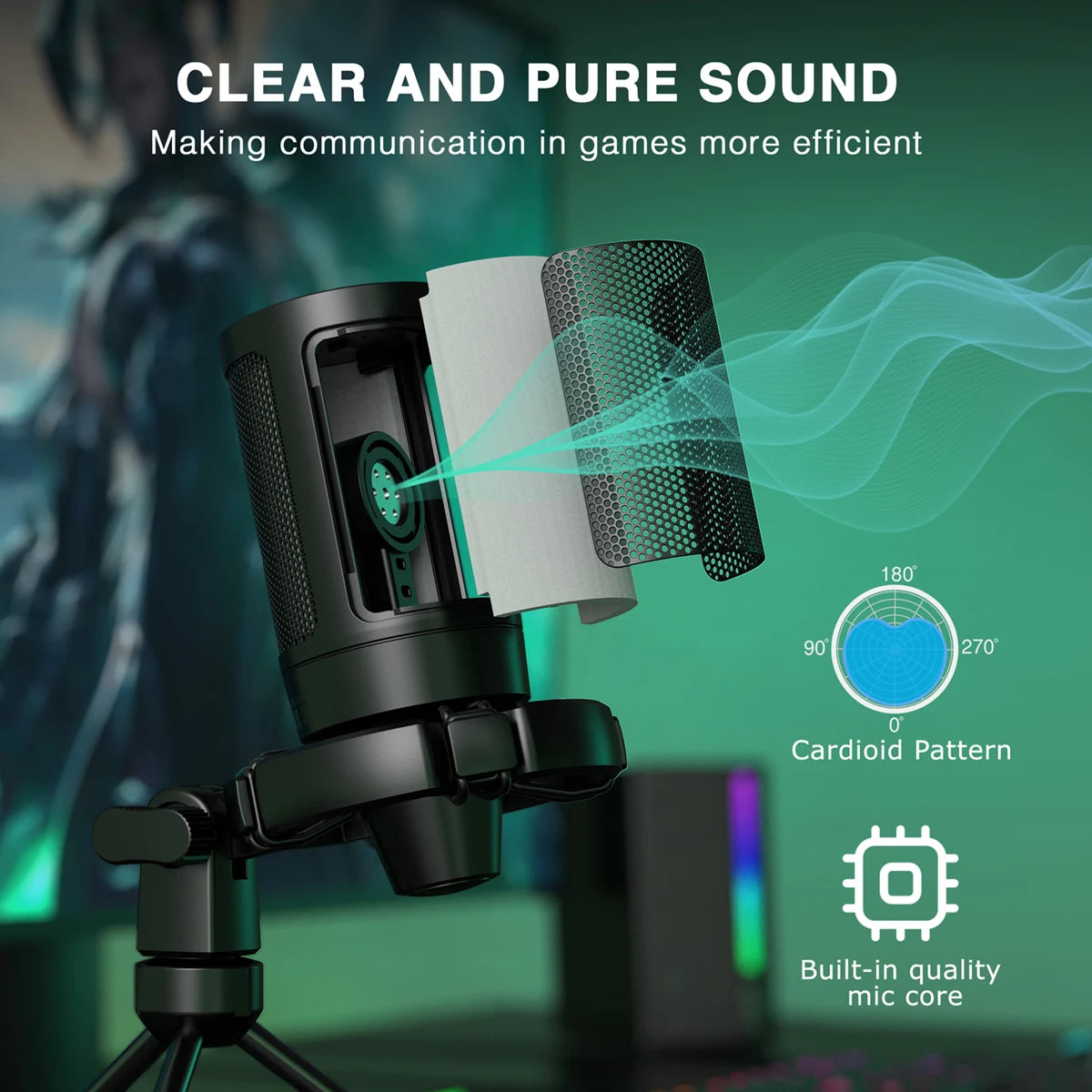 AmpliGame RGB USB Gaming Microphone with Light-touch Mute,Condenser Mic with Tripod for PC,PS4/5,Laptop Streaming Podcasting -A2