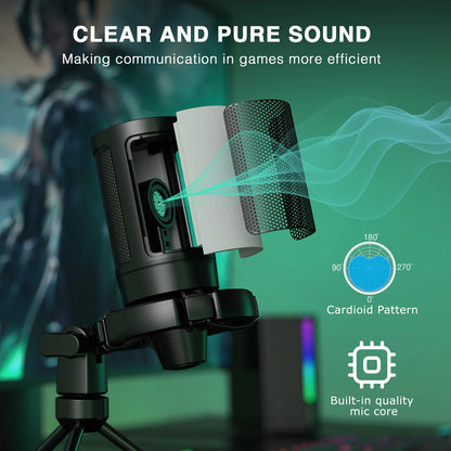 AmpliGame RGB USB Gaming Microphone with Light-touch Mute,Condenser Mic with Tripod for PC,PS4/5,Laptop Streaming Podcasting -A2