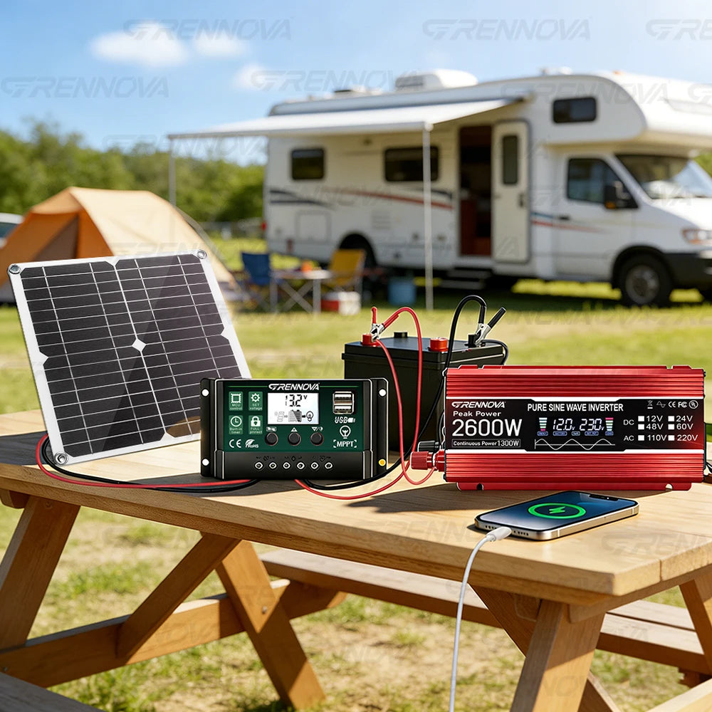Grennova Solcellskit 1300W – Ren Sinusvåg 2600W Peak + 30W Panel + 60A MPPT, 110V/220V Off-Grid Kyl TV Husbil
