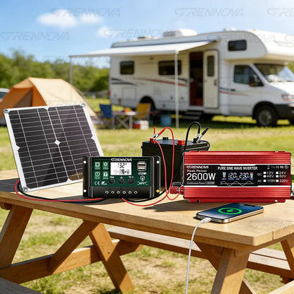 Grennova Solcellskit 1300W – Ren Sinusvåg 2600W Peak + 30W Panel + 60A MPPT, 110V/220V Off-Grid Kyl TV Husbil