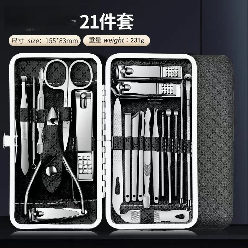Stainless steel nail clipper set of 19 pieces, diagonal nail clippers, pedicures, ear picks, spoons, nail art set