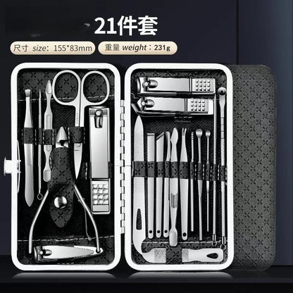 Stainless steel nail clipper set of 19 pieces, diagonal nail clippers, pedicures, ear picks, spoons, nail art set
