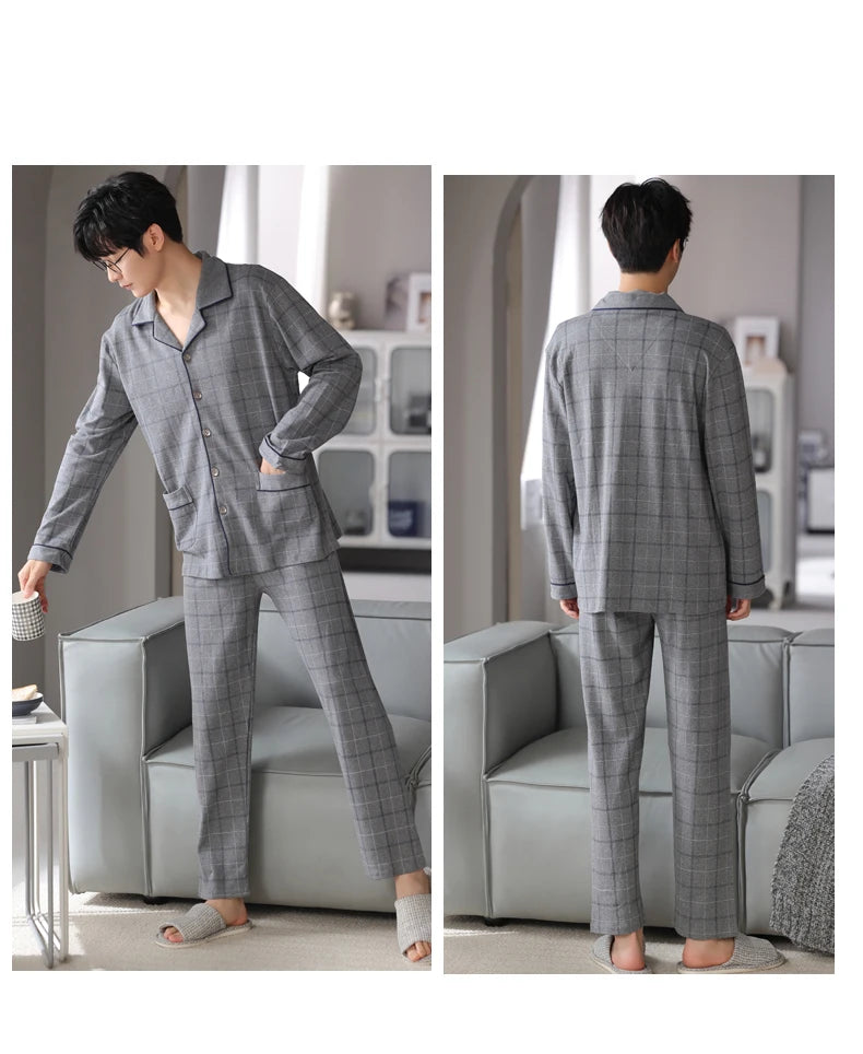 MiiOW Herr Pyjamas Set Vinter – Bomull Långärmad Rutig Grå Krage Plus Size, 8 Färger M–XXXL