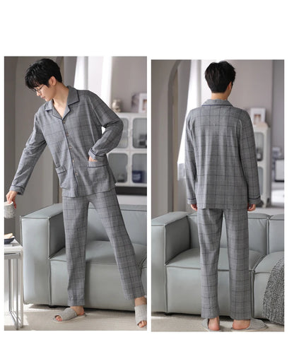 MiiOW Herr Pyjamas Set Vinter – Bomull Långärmad Rutig Grå Krage Plus Size, 8 Färger M–XXXL