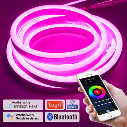 220 V RGB LED-neonlist IP65 med fjärrkontroll, Bluetooth eller Tuya WiFi, 1–100 m