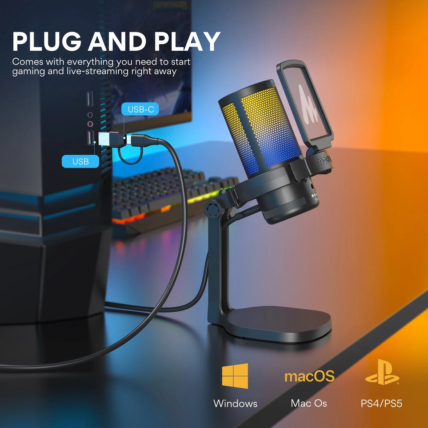 MAONO DGM20 USB Gaming Microphone for PC with RGB Light Noise Reduction Tap-to-Mute Gain Control for Discord Streaming Podcast