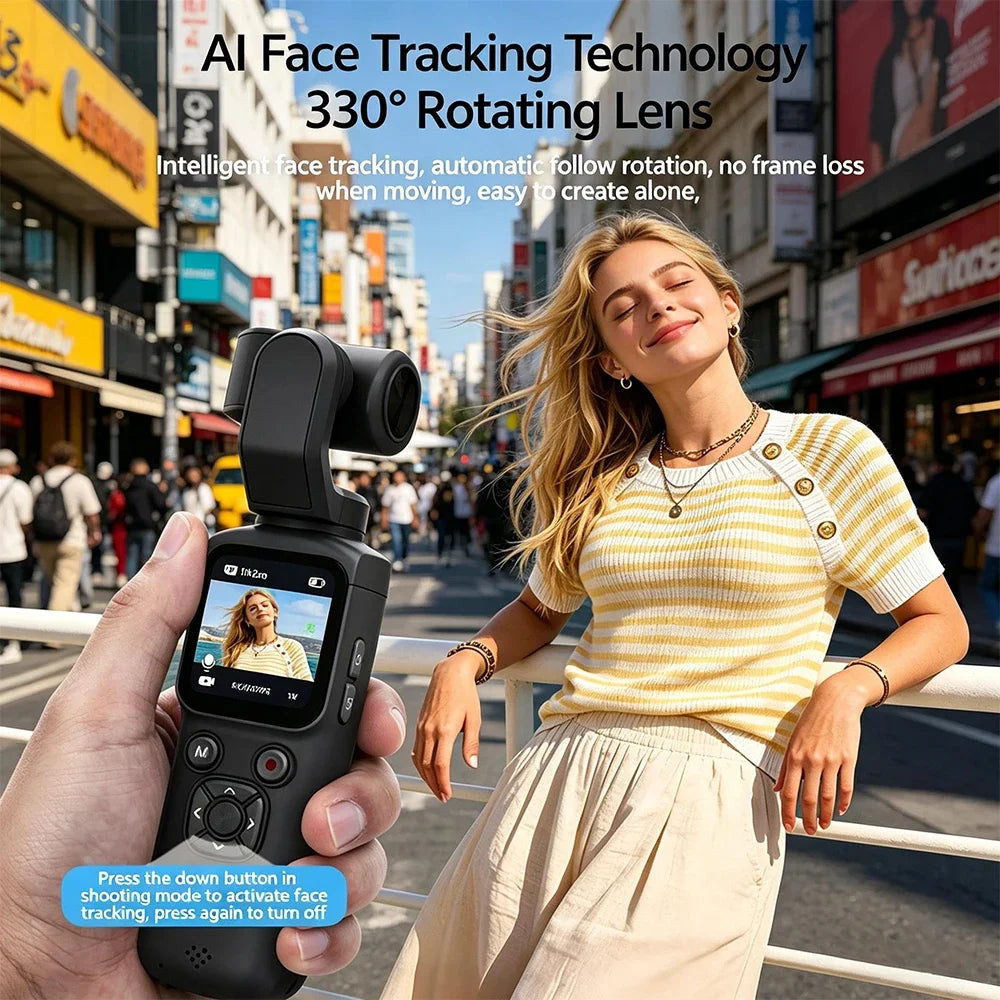 4K Action Camera with 330° Face Tracking Gimbal Stabilizer, 75MP WiFi Pocket Portable Camcorder, Mini Handheld Vlog Camera for