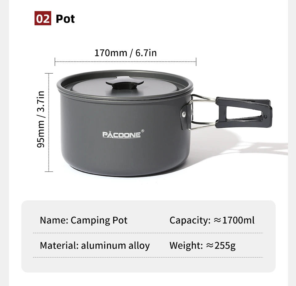 PACOONE Campingkokset – Portabelt Aluminiumset med Kastrull, Vattenkokare & Panna, Hopfällbart