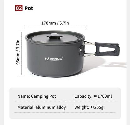 PACOONE Campingkokset – Portabelt Aluminiumset med Kastrull, Vattenkokare & Panna, Hopfällbart
