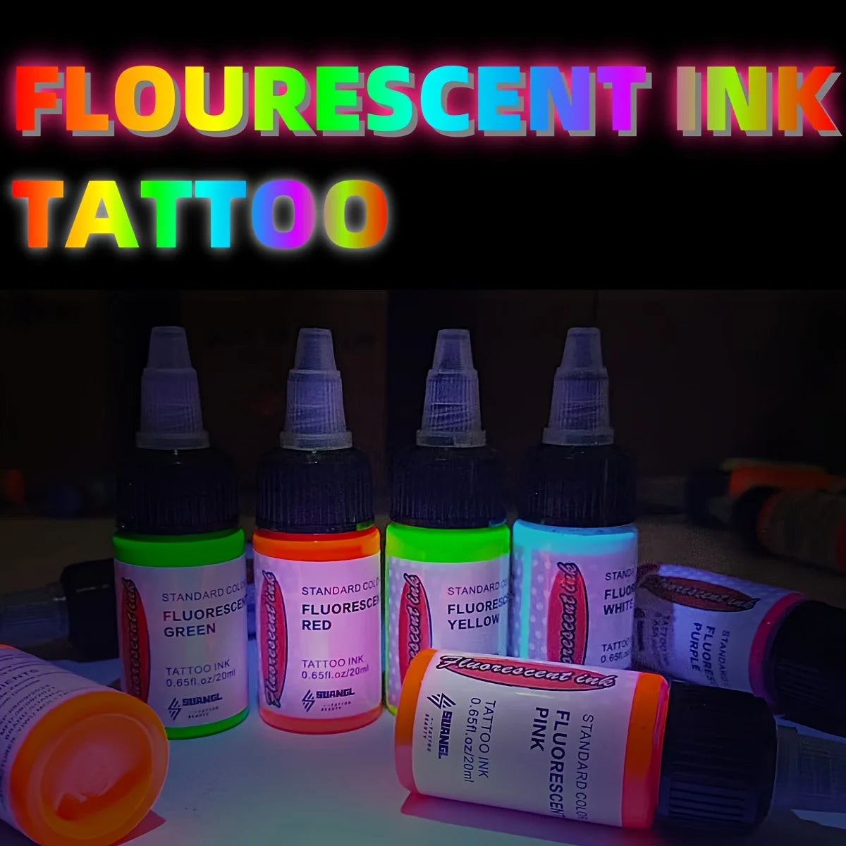UV Fluorescent Tattoo Ink Set - 8 Colors Glow in The Dark, 20ml Safe & Non-Toxic for Body Art.