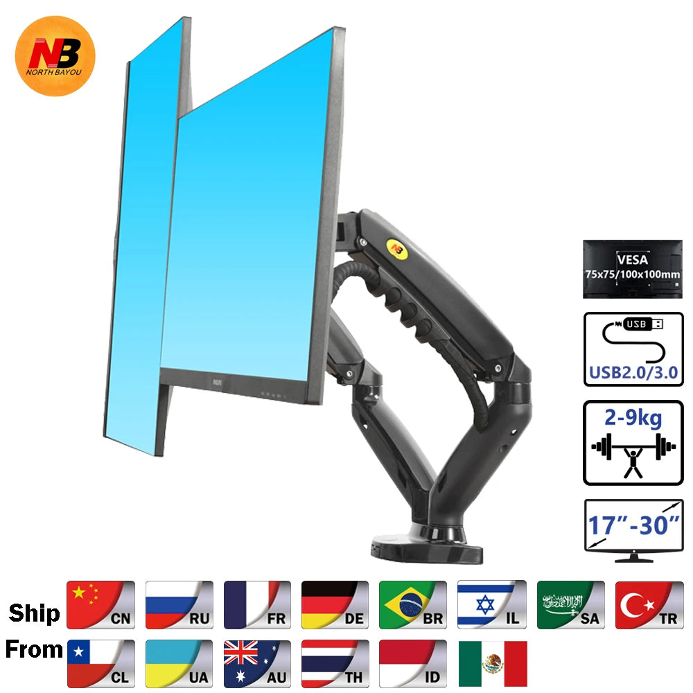 New NB F160 Gas Spring Desktop 17'-27' Dual Monitor Holder Arm With 2 USB3.0 Monitor Mount Bracket Load 2-9 Kg Each Arm