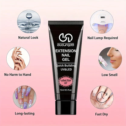Salon & Home Nail Art Kit - 0.51oz Odorless Quick Build Gel Extension Set with 20 Nail Forms & Tools | Professional UV Sculpting