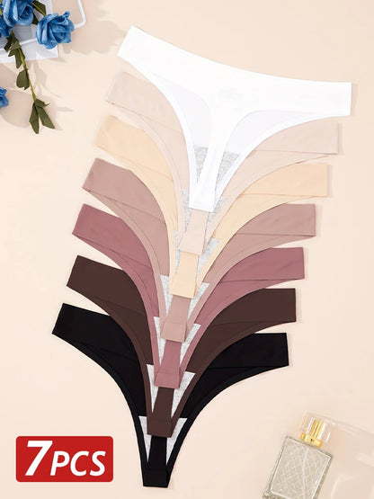 7PCS/Set Ice Silk Seamless Women G-String Panties Sexy Low-Waist Thongs T-Back Female Solid Color Soft Underwear Utral-Thin Pant