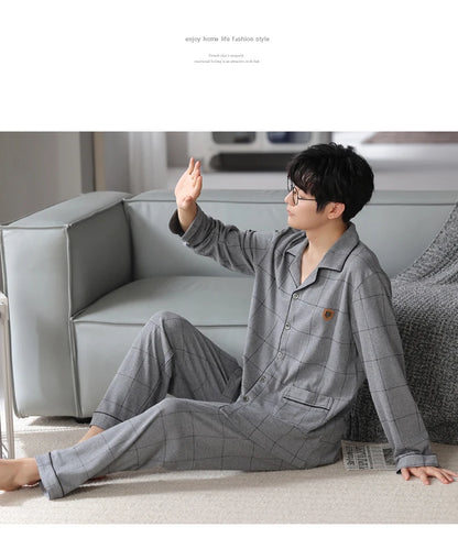 MiiOW Herr Pyjamas Set Vinter – Bomull Långärmad Rutig Grå Krage Plus Size, 8 Färger M–XXXL