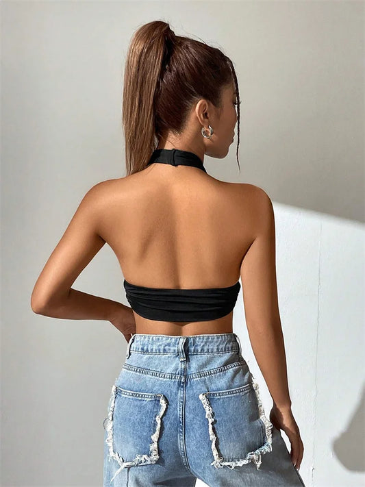 Dam Halter Crop Top Backless – Djup V-ringning, Y2K Streetwear Sommar, 3 Färger