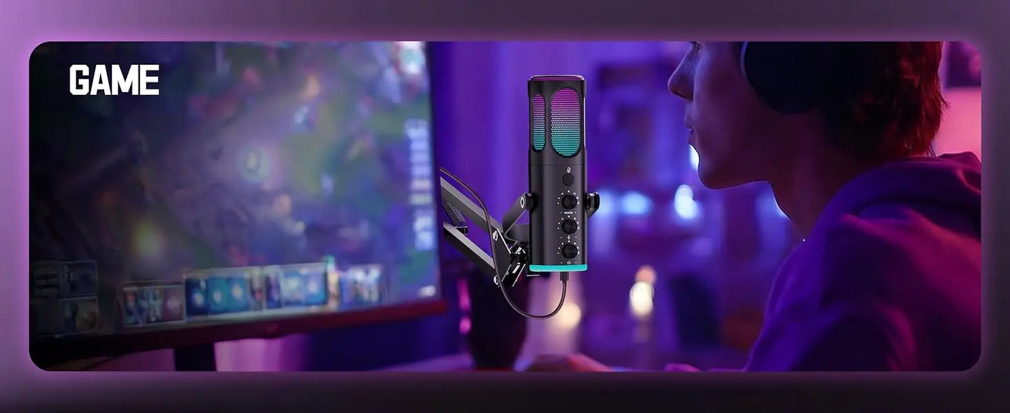 PUPGSIS Gaming USB Microphone, Noise Cancellation Condenser Mic with Mute, Gain, RGB Lights, Boom Arm Stand for Streaming, PC
