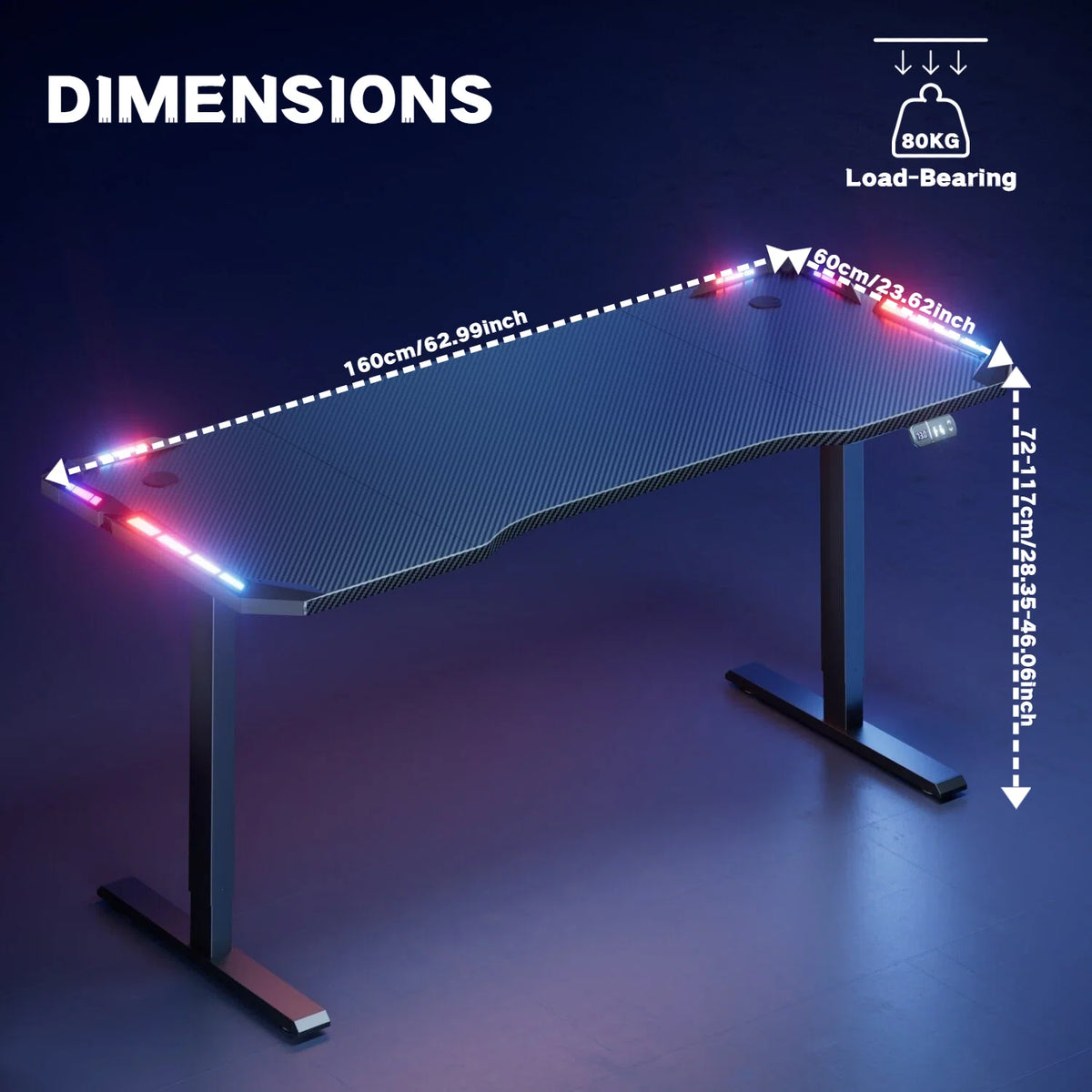 Electric Height Adjustable Gaming Desk With RGB LED Strip Lights, Built-In Cup Holder Headset Hook Ergonomic Computer Game Table with Carbon Fiber Surface, 2 Memory Positions and 3 Sizes