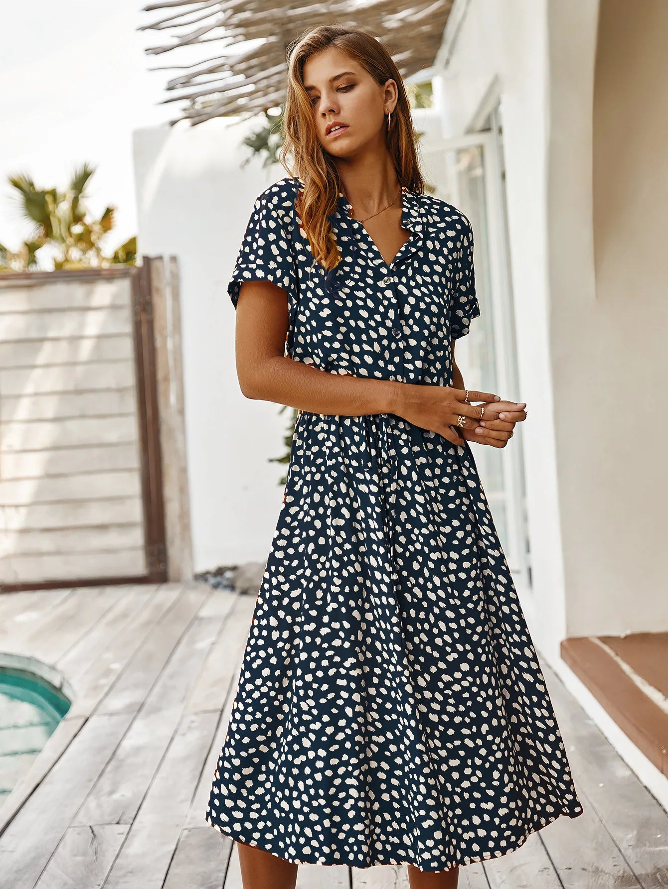 Vintage Blommig Boho Skjortklänning – Kortärmad, Lång, Nedvikt Krage, Skärp, 6 Färger, S–XL
