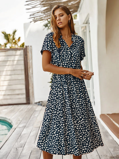 Vintage Blommig Boho Skjortklänning – Kortärmad, Lång, Nedvikt Krage, Skärp, 6 Färger, S–XL