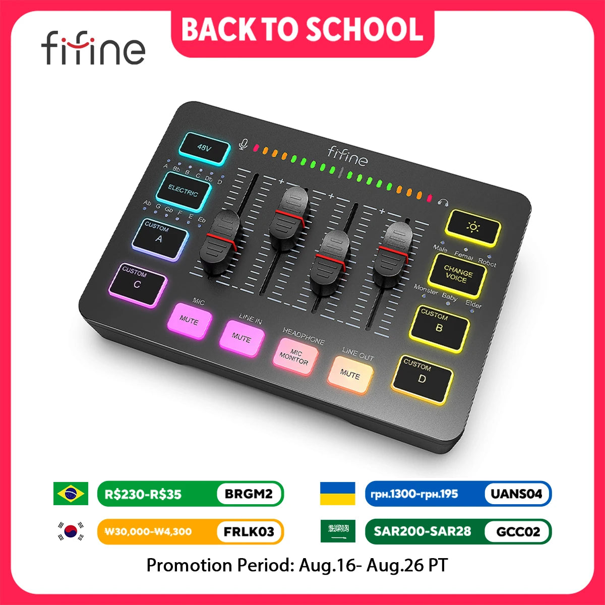 FIFINE Gaming Audio Mixer,Streaming 4-Channel RGB Mixer with XLR Microphone Interface,for Game Voice,Podcast,AmpliGame SC3