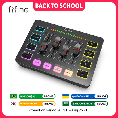 FIFINE Gaming Audio Mixer,Streaming 4-Channel RGB Mixer with XLR Microphone Interface,for Game Voice,Podcast,AmpliGame SC3