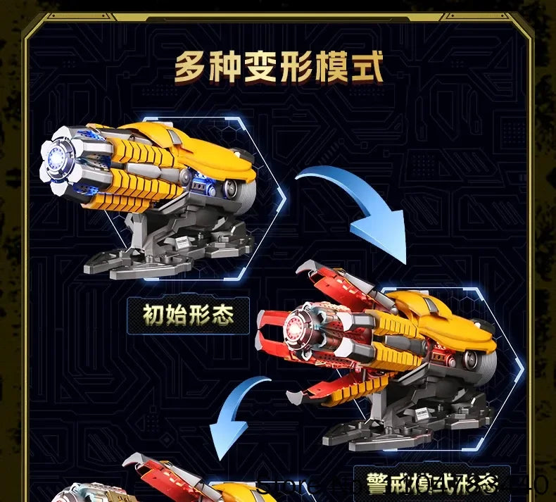 Bärbar Bumblebee hjälmleksak med armkanon och rollspelsdesign
