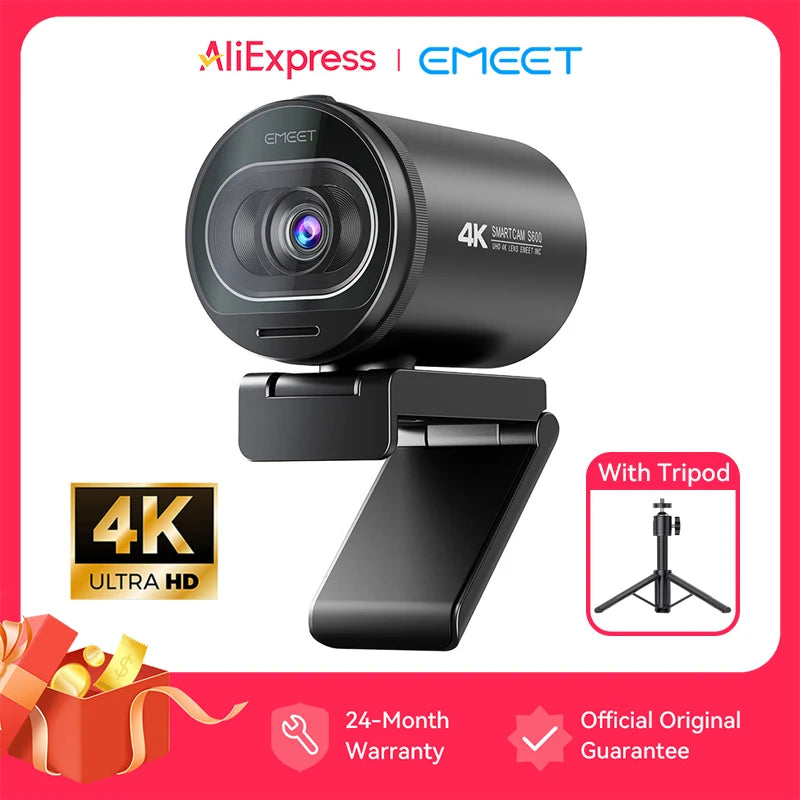 4K Webcam EMEET S600 SmartCam With Tripod USB Camera for Computer/Laptop Autofocus Sony Sensor 60FPS@1080P Streaming Web Camera