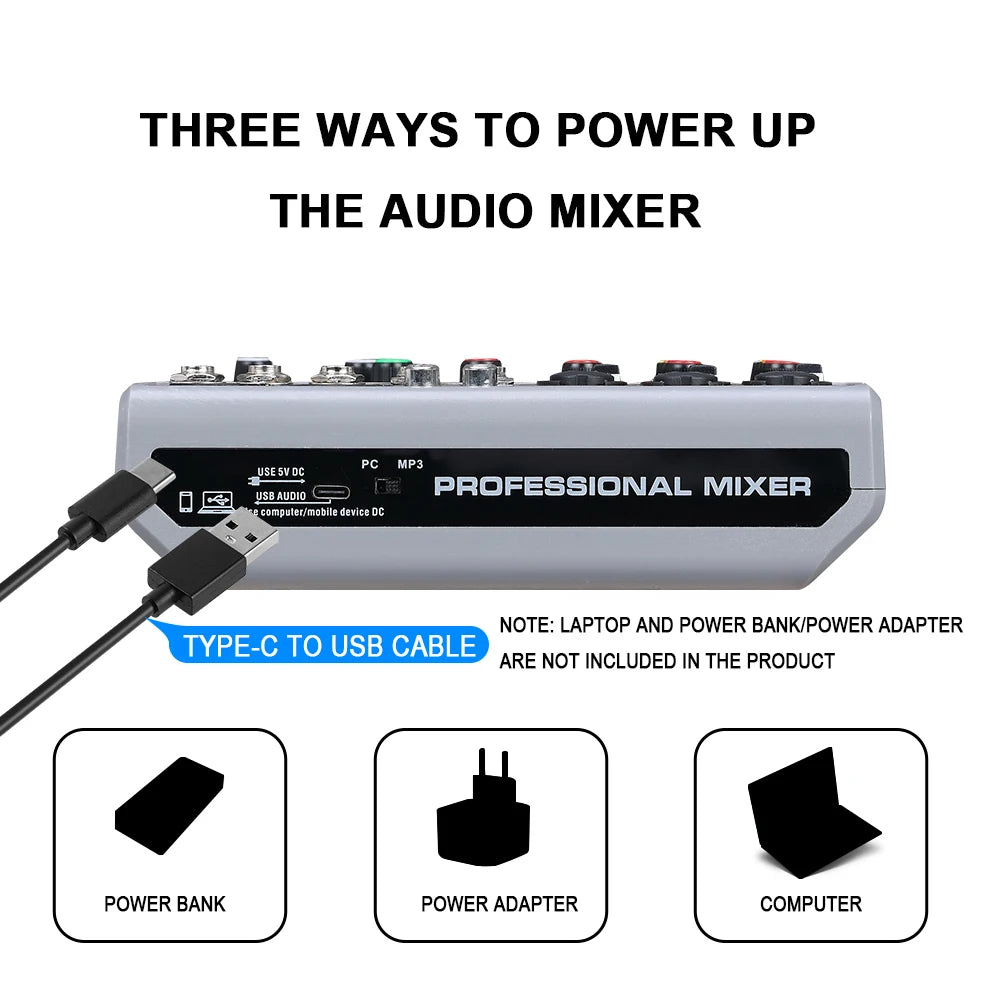 BOMGE 5 Channel Mixer with 3 Mic Line Input 48V Stereo Bluetooth MP3 PC U Dish Recording for Studio with Headphone Monitoring
