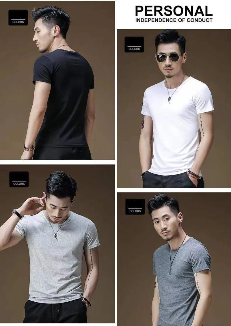 2026 Men's T Shirt Pure Color V Collar Short Sleeved Tops Tees Men T-Shirt Black Tights Man T-Shirts Fitness For Male Clothes