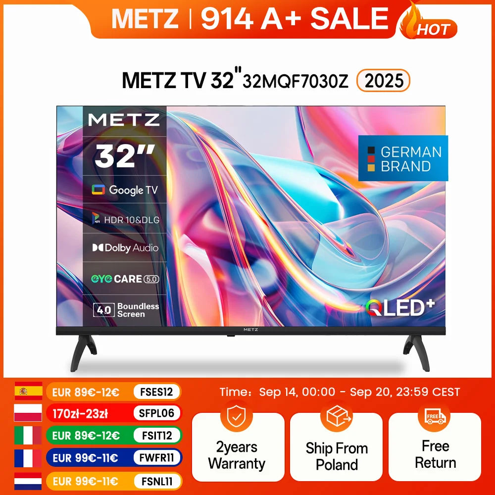 Metz Qled 32" 40 Inch Smart Led Tv Google Tele Hdr 10 Dolby Audio Bluetooth 5.1 Eyecare Tuner 2025 32Mqf7030Z