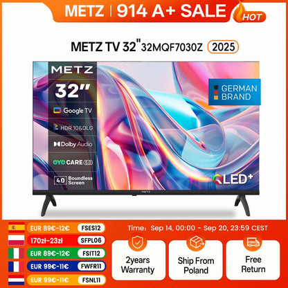 Metz Qled 32" 40 Inch Smart Led Tv Google Tele Hdr 10 Dolby Audio Bluetooth 5.1 Eyecare Tuner 2025 32Mqf7030Z