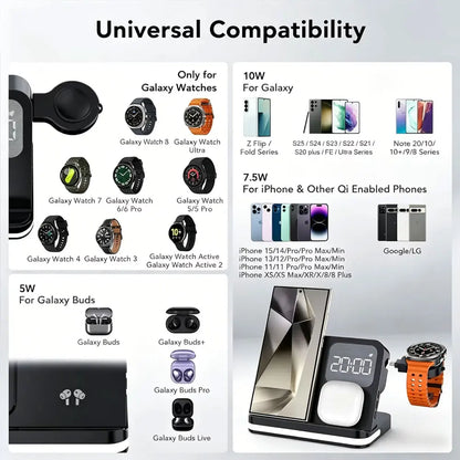 4 in 1 Wireless Charger Alarm Clock Stand For Samsung S26 S25 Galaxy Watch 8 7 6 5 Active 2 Buds4 Pro 3/2 Fast Charging Station