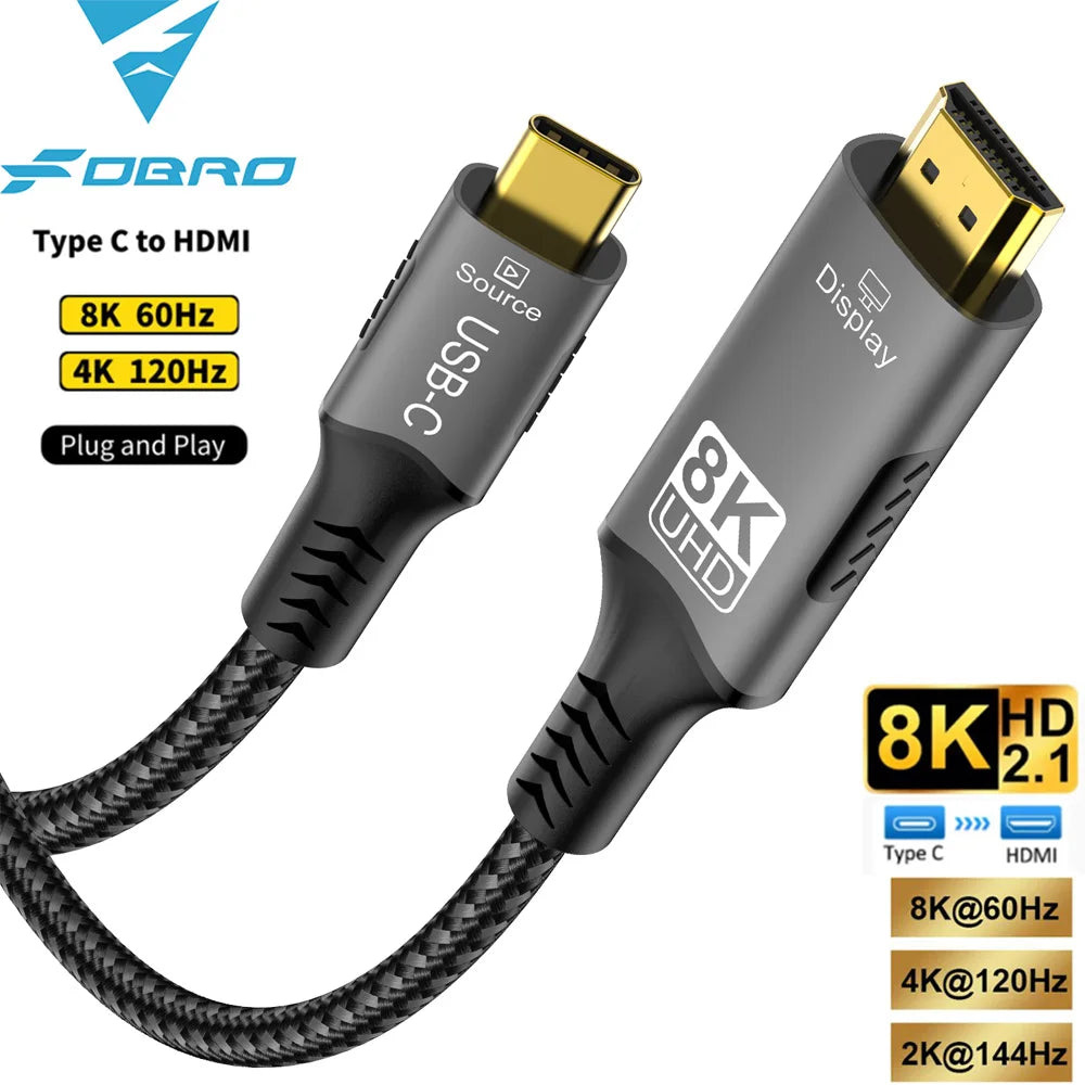 8K@60Hz 8K USB C to HDMI 2.1 Cable Adapter Type C to HDMI Cable for Thunderbolt 3 Compatible with MacBook Pro IPad pro Laptop