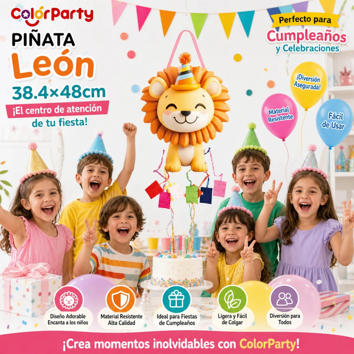 Lejonpiñata med partyhatt och dragband – 48 × 36,4 cm