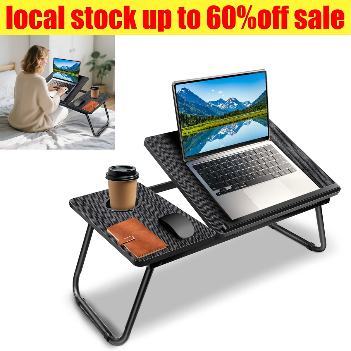 Laptop Table 5-step height adjustable laptop table for bed with folding table legs Cup holder reading stand laptop holder breakfast tray and bookend