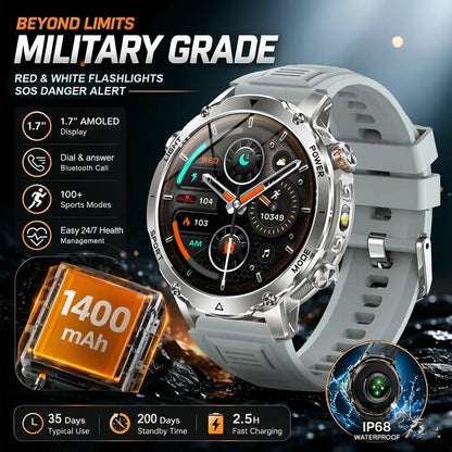 2026 1400mAh Big Battery Smart Watch Men Outdoor GPS Flashlight IP68 Waterproof Bluetooth Call AMOLED Military Sports Smartwatch