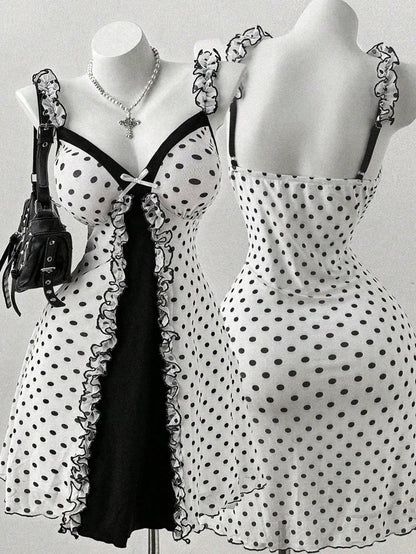 Plus Size Y2K Polka Dot Dress, Ruffle Trim Bow Front Cami Mini Dress, Sexy Sweet Coquette Style Party Dress for Women
