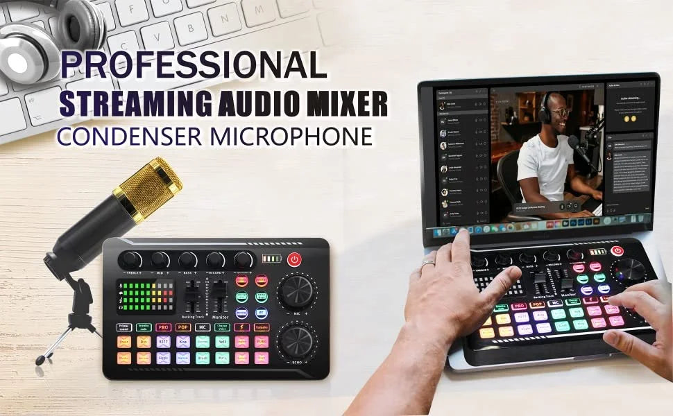 F988 ljudmixerkort för livestreaming med Bluetooth och ljudeffekter
