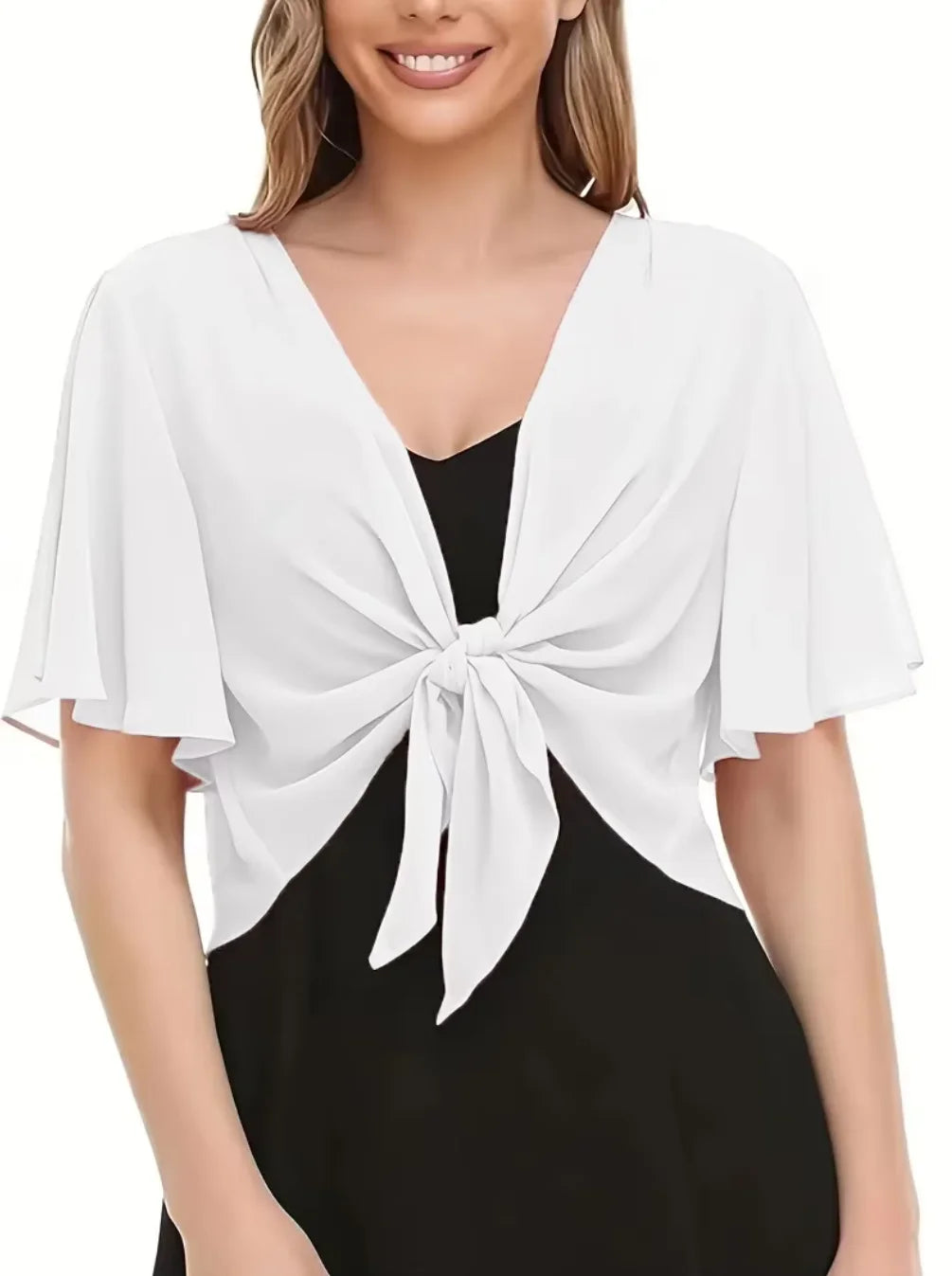 Dam Kort Chiffon Shrug – Genomskinlig Öppen Ärmlös Spetsdetalj Strand & Vardag Sommar, Ivory S–XXL