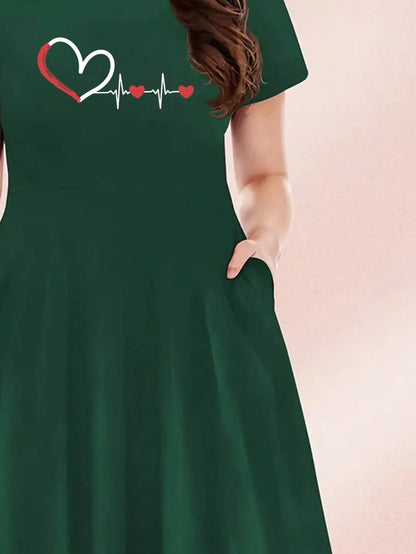 2026 Women's Four Seasons Love at First Sight Heartbeat Printed Casual Loose Black Short Sleeved Large Short Skirt Dress