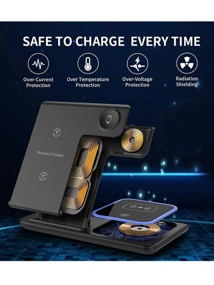 15W 3 in 1 LED Fast Wireless Charger Stand Foldable Charging Station For IPhone17-11 Apple Watch 9 8 7 6 5 Airpods Pro
