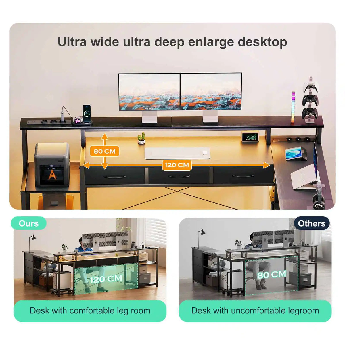 Desk, square table with drawers, sockets and USB ports, monitor stand and LED lighting included, black.