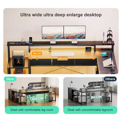 Desk, square table with drawers, sockets and USB ports, monitor stand and LED lighting included, black.