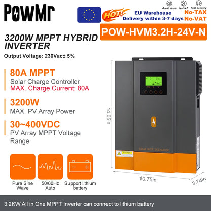 PowMr Hybrid Solväxelriktare 2kW–11kW – Ren Sinusvåg MPPT 120A 12V/24V/48V 220V LiFePO4/Litium/Blåsyra WiFi EU-lager CE