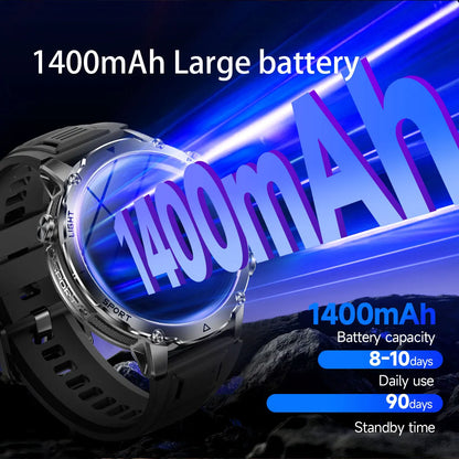 New 1400 mAh Battery Military Smartwatch Men IP68 Waterproof Flashlight Health Monitor Sports Call Smart Watch For iOS Android